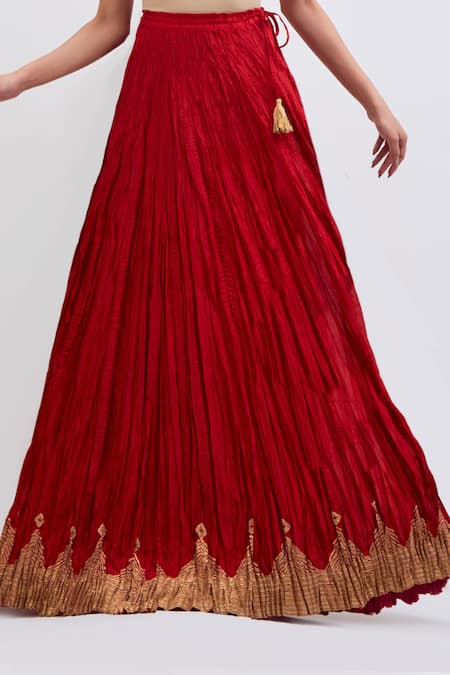 Kora_Red Chanderi Silk Gota Patti, Embroidery, Tassels Kali Lehenga _Online_at_Aza_Fashions