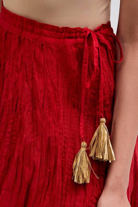 Buy_Kora_Red Chanderi Silk Gota Patti, Embroidery, Tassels Kali Lehenga _Online_at_Aza_Fashions