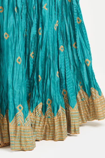 Buy_Kora_Teal Chanderi Silk Gota Patti, Embroidery, Tassels 40 Kali Lehenga _Online_at_Aza_Fashions