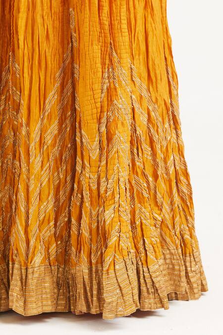 Buy_Kora_Yellow Chanderi Silk Gota Patti, Tassels, Embroidery 40 Kali Lehenga _Online_at_Aza_Fashions
