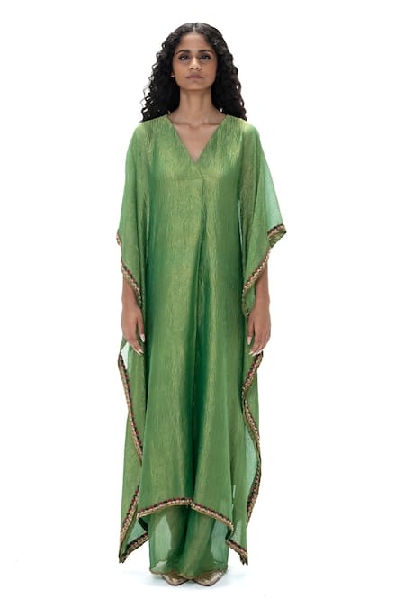 Shop Mimamsaa Green Tissue Gota Patti, Embroidery, Beads Malati Handwoven Crushed Kaftan Set Online at Aza Fashions Shop_Mimamsaa_Green Tissue Gota Patti, Embroidery, Beads Malati Handwoven Crushed Kaftan Set _Online_at_Aza_Fashions