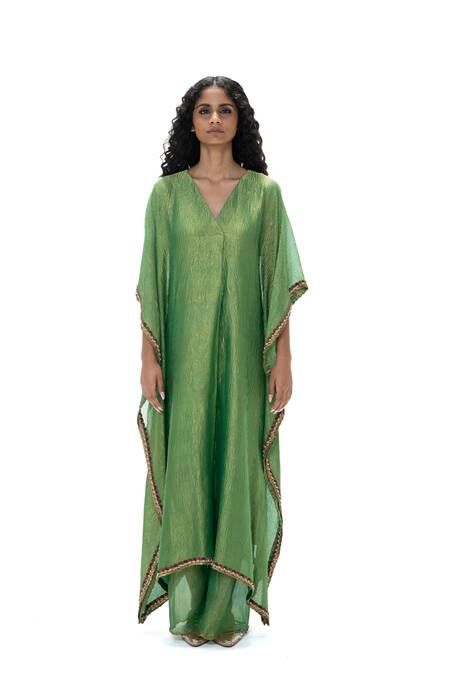 Mimamsaa Green Tissue Gota Patti, Embroidery, Beads Malati Handwoven Crushed Kaftan Set at Aza Fashions Mimamsaa_Green Tissue Gota Patti, Embroidery, Beads Malati Handwoven Crushed Kaftan Set _at_Aza_Fashions