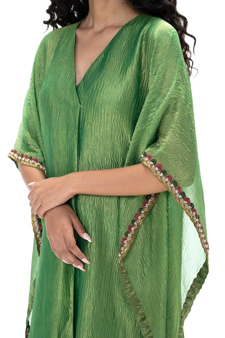 Shop Mimamsaa Green Tissue Gota Patti, Embroidery, Beads Malati Handwoven Crushed Kaftan Set Shop_Mimamsaa_Green Tissue Gota Patti, Embroidery, Beads Malati Handwoven Crushed Kaftan Set