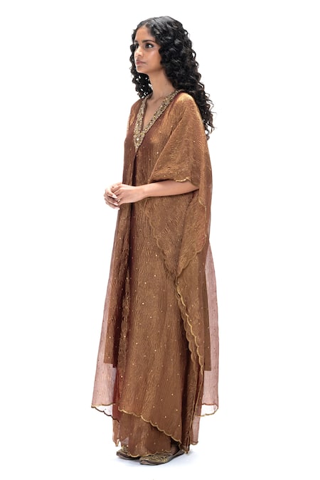 Buy_Mimamsaa_Burgundy Tissue Embroidery, Sequins V-neck Savitri Handwoven Kaftan And Pant Set _Online_at_Aza_Fashions