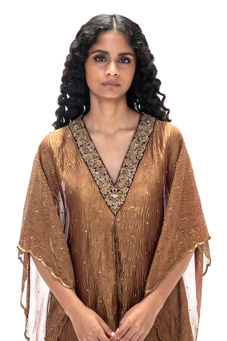 Shop_Mimamsaa_Burgundy Tissue Embroidery, Sequins V-neck Savitri Handwoven Kaftan And Pant Set _Online_at_Aza_Fashions