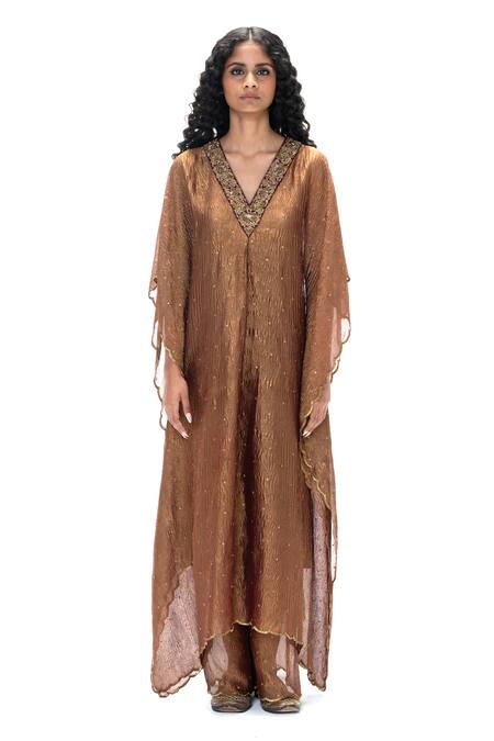 Mimamsaa_Burgundy Tissue Embroidery, Sequins V-neck Savitri Handwoven Kaftan And Pant Set _at_Aza_Fashions