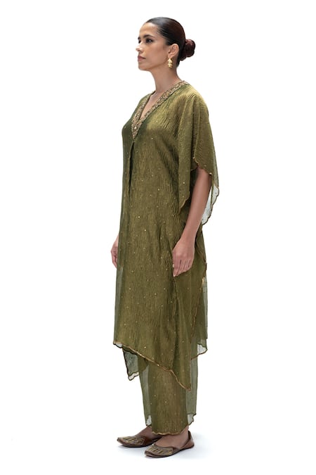 Mimamsaa Olive Green Tissue Embroidery, Sequins Shobhana Handwoven Kaftan With Pant Online at Aza Fashions Mimamsaa_Olive Green Tissue Embroidery, Sequins Shobhana Handwoven Kaftan With Pant _Online_at_Aza_Fashions