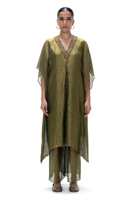 Buy Mimamsaa Olive Green Tissue Embroidery, Sequins Shobhana Handwoven Kaftan With Pant Online at Aza Fashions Buy_Mimamsaa_Olive Green Tissue Embroidery, Sequins Shobhana Handwoven Kaftan With Pant _Online_at_Aza_Fashions