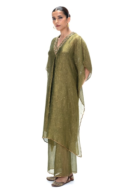 Shop Mimamsaa Olive Green Tissue Embroidery, Sequins Shobhana Handwoven Kaftan With Pant Online at Aza Fashions Shop_Mimamsaa_Olive Green Tissue Embroidery, Sequins Shobhana Handwoven Kaftan With Pant _Online_at_Aza_Fashions