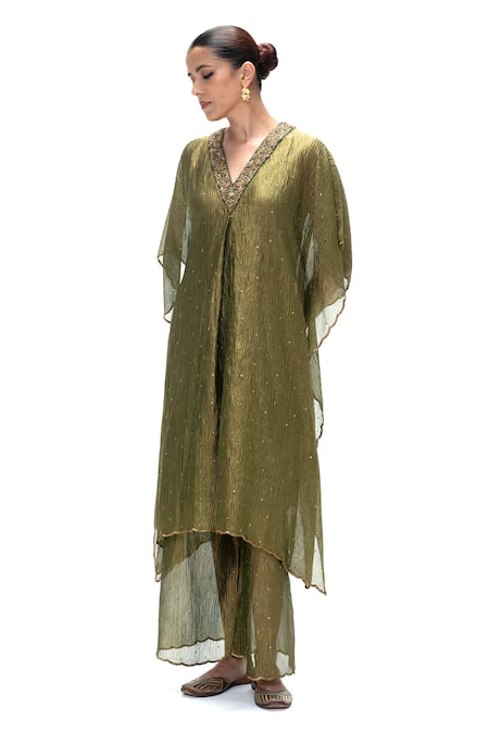 Mimamsaa Olive Green Tissue Embroidery, Sequins Shobhana Handwoven Kaftan With Pant at Aza Fashions Mimamsaa_Olive Green Tissue Embroidery, Sequins Shobhana Handwoven Kaftan With Pant _at_Aza_Fashions