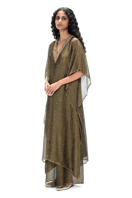 Shop Mimamsaa Charcoal Tissue Sequins, Embroidery V-neck Baela Handwoven Kaftan Set Online at Aza Fashions Shop_Mimamsaa_Charcoal Tissue Sequins, Embroidery V-neck Baela Handwoven Kaftan Set _Online_at_Aza_Fashions