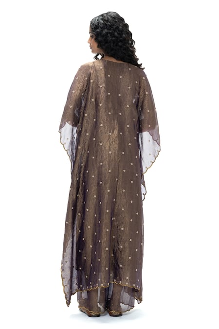 Mimamsaa_Purple Tissue Embroidery, Zari V-neck Preetha Crushed Handwoven Kaftan Set _Online_at_Aza_Fashions