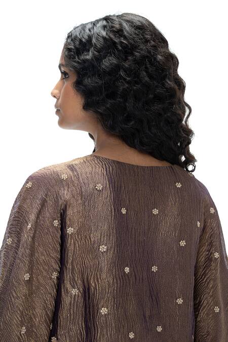 Buy_Mimamsaa_Purple Tissue Embroidery, Zari V-neck Preetha Crushed Handwoven Kaftan Set _Online_at_Aza_Fashions