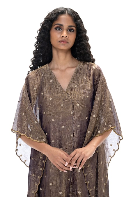 Shop_Mimamsaa_Purple Tissue Embroidery, Zari V-neck Preetha Crushed Handwoven Kaftan Set _Online_at_Aza_Fashions