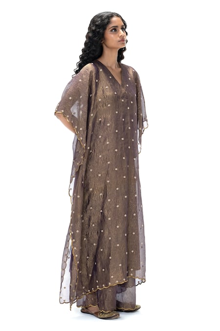 Buy_Mimamsaa_Purple Tissue Embroidery, Zari V-neck Preetha Crushed Handwoven Kaftan Set 