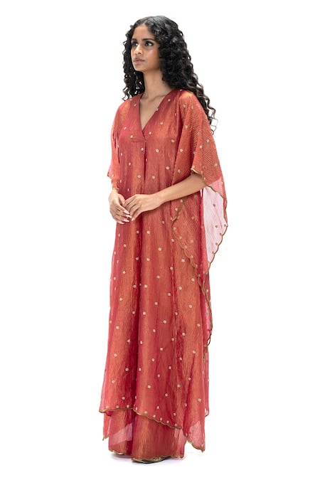 Buy_Mimamsaa_Magenta Tissue Embroidery, Piping V-neck Smriti Handwoven Crushed Kaftan Set _Online_at_Aza_Fashions