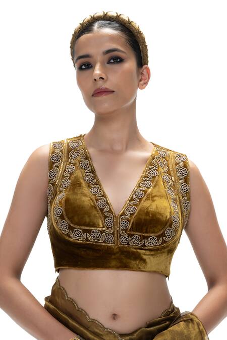 Mimamsaa_Brown Velvet, Silk Embroidery, Sequins V-neck Lubhna Handwoven Blouse _Online_at_Aza_Fashions