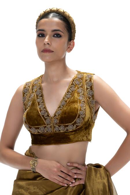 Buy_Mimamsaa_Brown Velvet, Silk Embroidery, Sequins V-neck Lubhna Handwoven Blouse _Online_at_Aza_Fashions