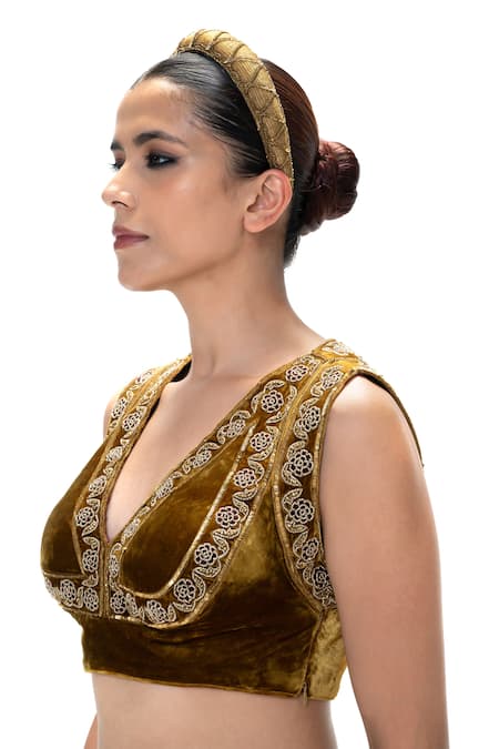 Shop_Mimamsaa_Brown Velvet, Silk Embroidery, Sequins V-neck Lubhna Handwoven Blouse _Online_at_Aza_Fashions