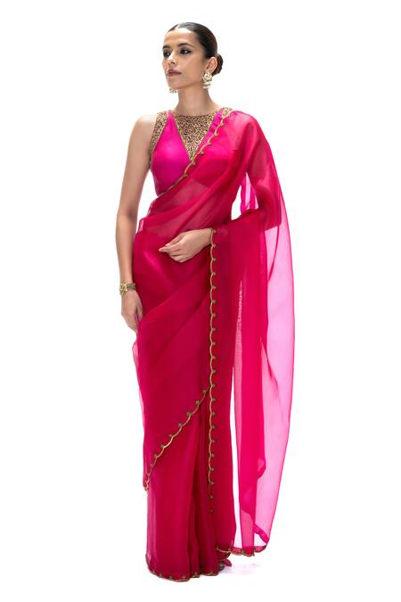 Mimamsaa_Magenta Organza, Silk Metallic Thread, Handwoven Saree And Unstitched Blouse _Online_at_Aza_Fashions