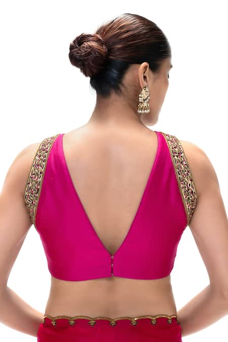 Shop_Mimamsaa_Magenta Organza, Silk Metallic Thread, Handwoven Saree And Unstitched Blouse _Online_at_Aza_Fashions