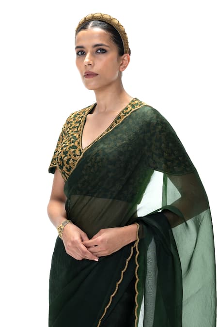 Buy Mimamsaa Emerald Green Organza, Silk Piping Chiara Saree With Unstitched Blouse Online at Aza Fashions Buy_Mimamsaa_Emerald Green Organza, Silk Piping Chiara Saree With Unstitched Blouse _Online_at_Aza_Fashions