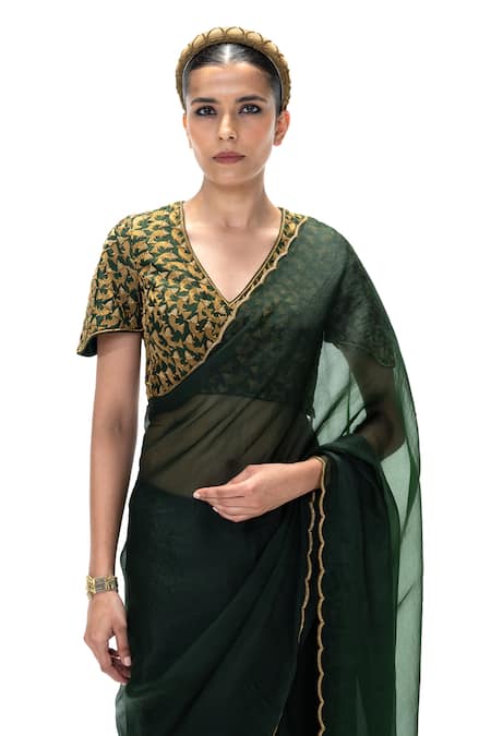 Shop Mimamsaa Emerald Green Organza, Silk Piping Chiara Saree With Unstitched Blouse Online at Aza Fashions Shop_Mimamsaa_Emerald Green Organza, Silk Piping Chiara Saree With Unstitched Blouse _Online_at_Aza_Fashions
