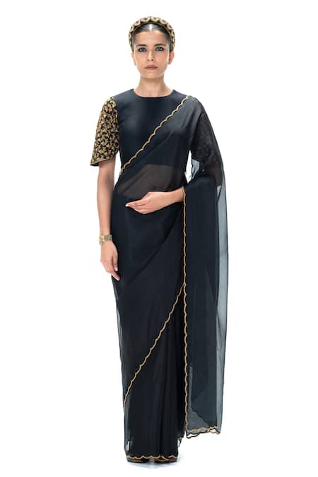 Mimamsaa Black Organza Piping Silk Saree With Unstitched Blouse Online at Aza Fashions Mimamsaa_Black Organza Piping Silk Saree With Unstitched Blouse _Online_at_Aza_Fashions