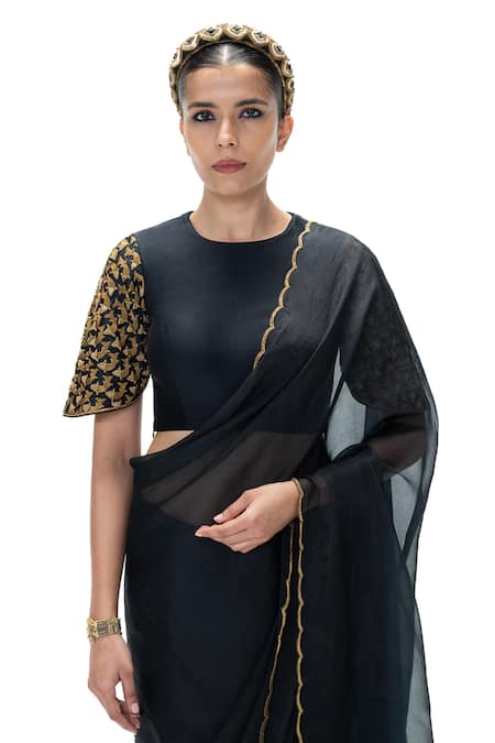 Buy Mimamsaa Black Organza Piping Silk Saree With Unstitched Blouse Online at Aza Fashions Buy_Mimamsaa_Black Organza Piping Silk Saree With Unstitched Blouse _Online_at_Aza_Fashions