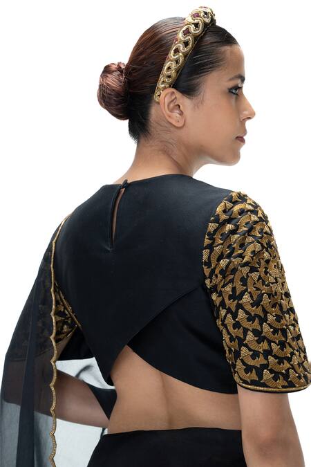 Mimamsaa_Black Cotton, Silk Embroidery Round , Keyhole Jahnavi Handwoven Blouse _Online_at_Aza_Fashions