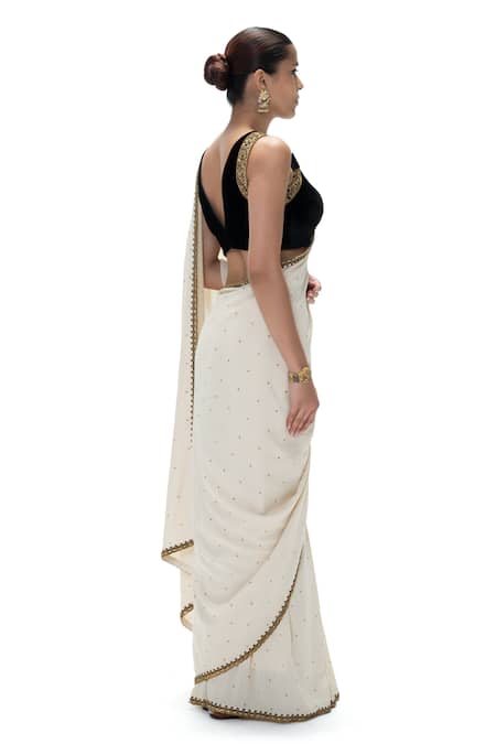Mimamsaa_Ivory Silk Sequins, Embroidery Chanda Handwoven Saree With Unstitched Blouse _Online_at_Aza_Fashions