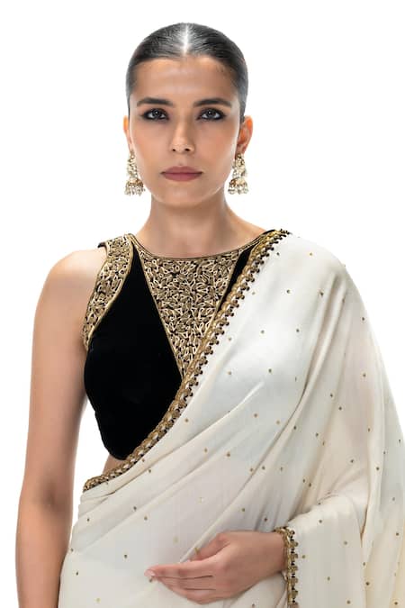 Buy_Mimamsaa_Ivory Silk Sequins, Embroidery Chanda Handwoven Saree With Unstitched Blouse _Online_at_Aza_Fashions