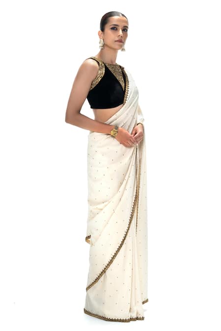 Shop_Mimamsaa_Ivory Silk Sequins, Embroidery Chanda Handwoven Saree With Unstitched Blouse _Online_at_Aza_Fashions