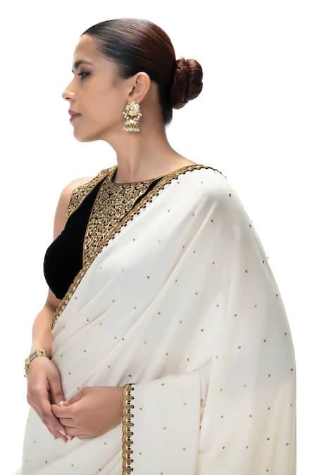 Mimamsaa_Ivory Silk Sequins, Embroidery Chanda Handwoven Saree With Unstitched Blouse _at_Aza_Fashions