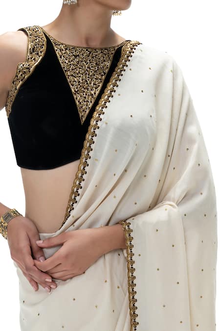 Buy_Mimamsaa_Ivory Silk Sequins, Embroidery Chanda Handwoven Saree With Unstitched Blouse 