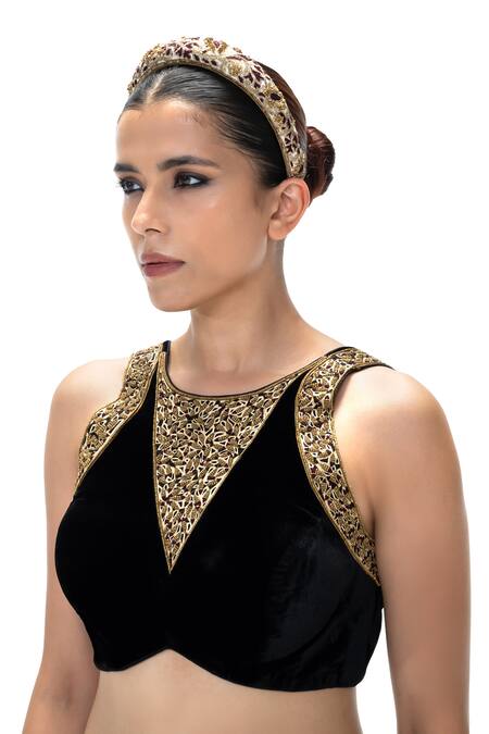 Mimamsaa_Black Velvet, Silk Embroidery Round Neck, Nisaba Handwoven And Blouse _Online_at_Aza_Fashions