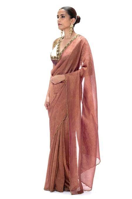 Mimamsaa White Tissue Embroidery, Sheila Crushed Handwoven Saree With Unstitched Blouse Online at Aza Fashions Mimamsaa_White Tissue Embroidery, Sheila Crushed Handwoven Saree With Unstitched Blouse _Online_at_Aza_Fashions