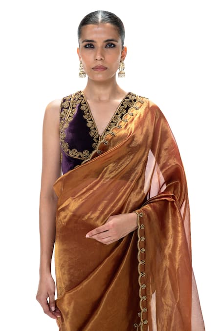 Buy_Mimamsaa_Orange Tissue, Silk Embroidery, Shaili Handwoven Saree With Unstitched Blouse _Online_at_Aza_Fashions