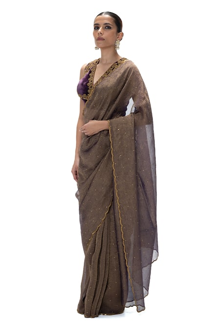 Mimamsaa_Brown Tissue Embroidery, Ziva Crushed Handwoven Saree With Unstitched Blouse _Online_at_Aza_Fashions