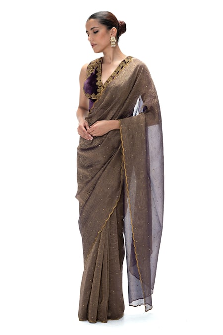 Buy_Mimamsaa_Brown Tissue Embroidery, Ziva Crushed Handwoven Saree With Unstitched Blouse _Online_at_Aza_Fashions