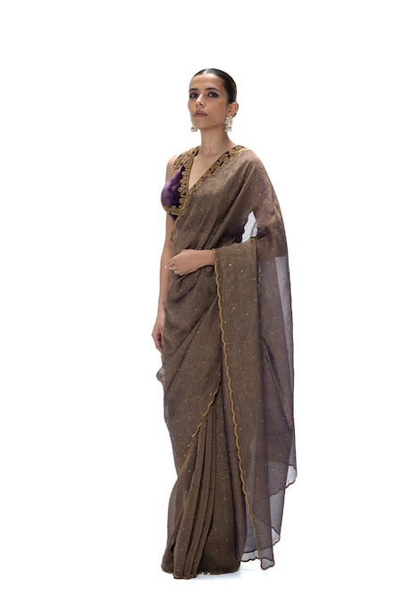 Shop_Mimamsaa_Brown Tissue Embroidery, Ziva Crushed Handwoven Saree With Unstitched Blouse _Online_at_Aza_Fashions