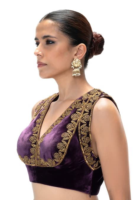 Mimamsaa_Purple Velvet, Silk Embroidery, Metallic Thread Vanya Handwoven And Blouse _Online_at_Aza_Fashions