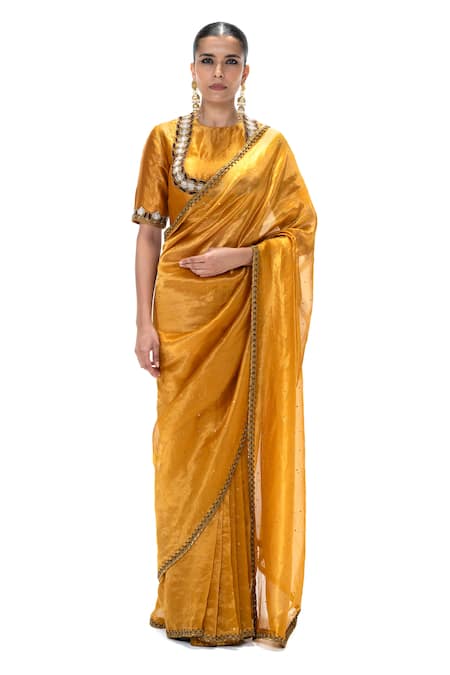 Mimamsaa Mustard Tissue, Silk Sequins, Zari Nitara Handwoven Saree With Unstitched Blouse Online at Aza Fashions Mimamsaa_Mustard Tissue, Silk Sequins, Zari Nitara Handwoven Saree With Unstitched Blouse _Online_at_Aza_Fashions