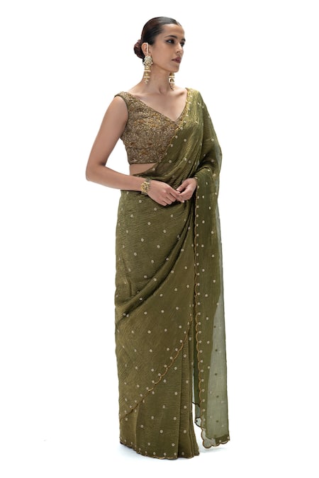 Mimamsaa_Olive Green Tissue, Silk Sunetra Handwoven Saree With Unstitched Blouse _Online_at_Aza_Fashions