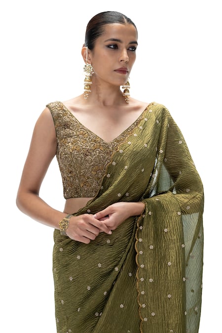 Buy_Mimamsaa_Olive Green Tissue, Silk Sunetra Handwoven Saree With Unstitched Blouse _Online_at_Aza_Fashions