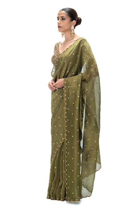 Shop_Mimamsaa_Olive Green Tissue, Silk Sunetra Handwoven Saree With Unstitched Blouse _Online_at_Aza_Fashions