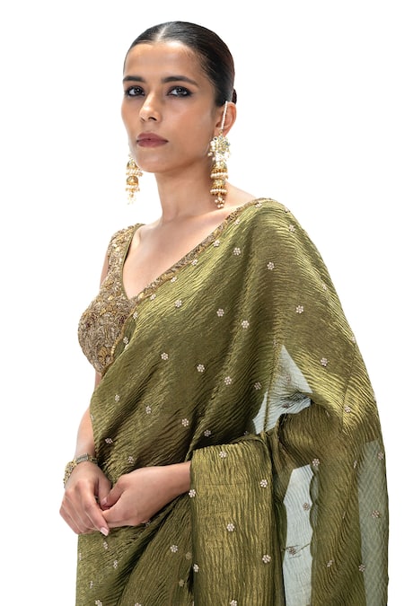Mimamsaa_Olive Green Tissue, Silk Sunetra Handwoven Saree With Unstitched Blouse _at_Aza_Fashions