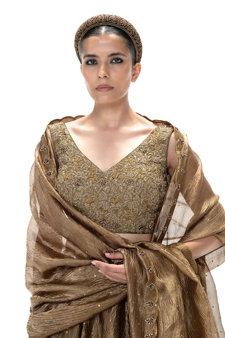 Mimamsaa_Brown Tissue Sequins, Stones, Embroidery, Zari Shereen Handwoven And Lehenga Set _at_Aza_Fashions