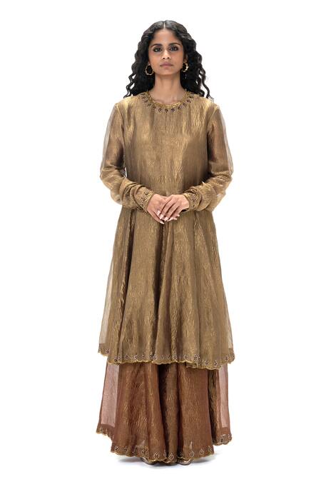 Buy_Mimamsaa_Gold Tissue Embroidery, Sequins Round Neck Meira Handwoven Crushed Kurta Set _Online_at_Aza_Fashions
