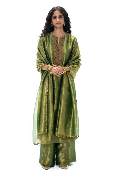 Buy_Mimamsaa_Emerald Green Tissue, Silk Embroidery, Sequins Tania Handwoven And Kurta Set _Online_at_Aza_Fashions